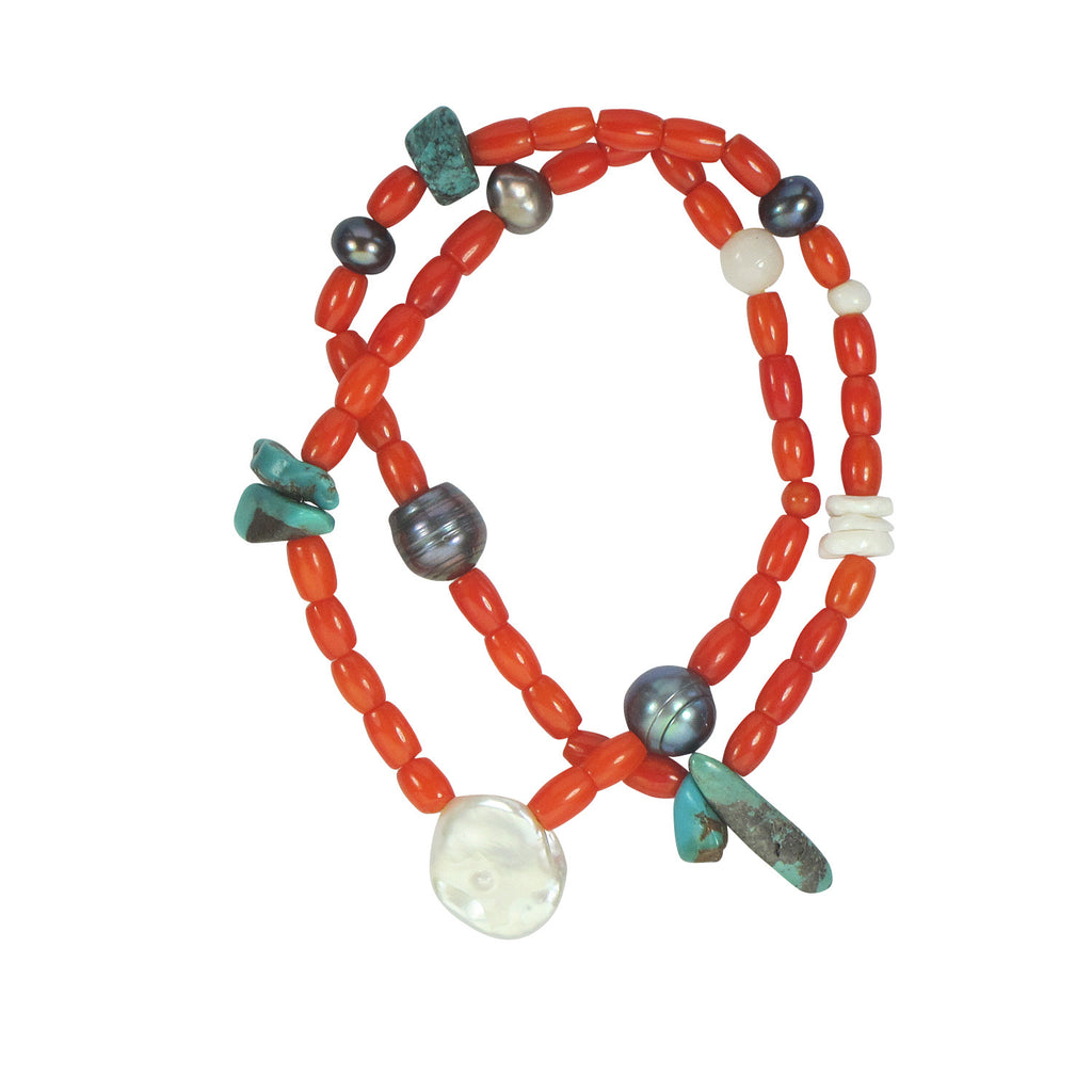 Pair of coral, baroque pearl, turquoise, shell heishi and white glass beads. Each slightly different.