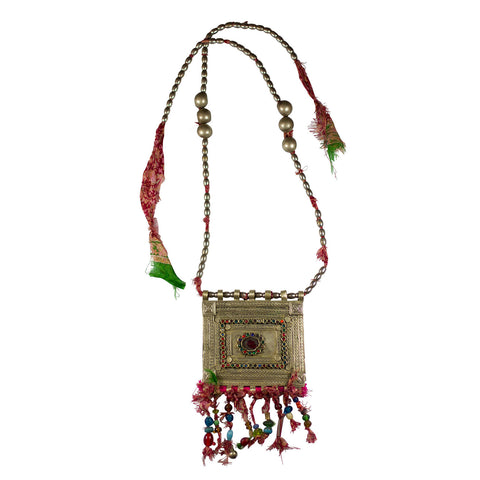 Vintage Kuchi Pendant and Metal Beads on Silk