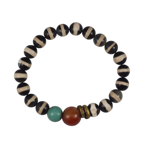 Black and White Agate Beads with Turquoise, Carnelian and Brass