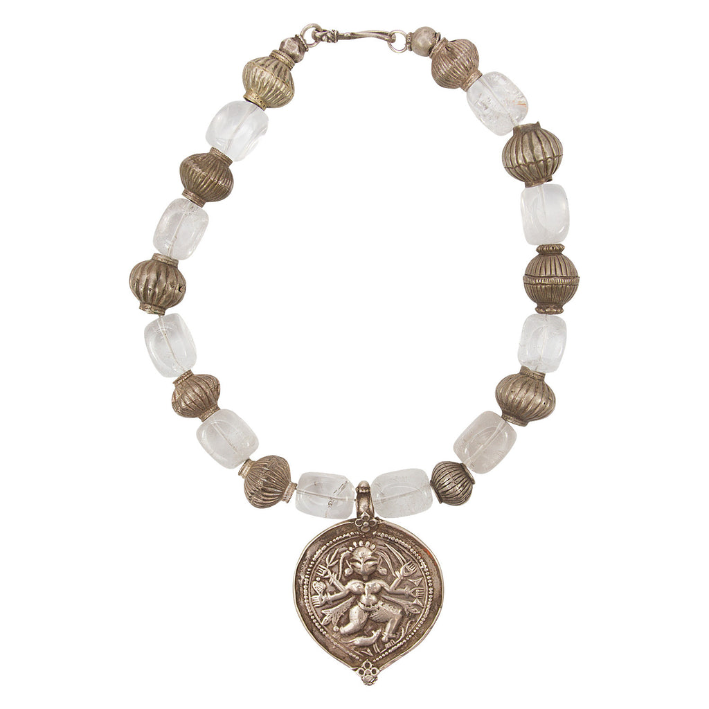 Quartz Crystal and Protective Shiva Amulet with Tribal Silver Beads