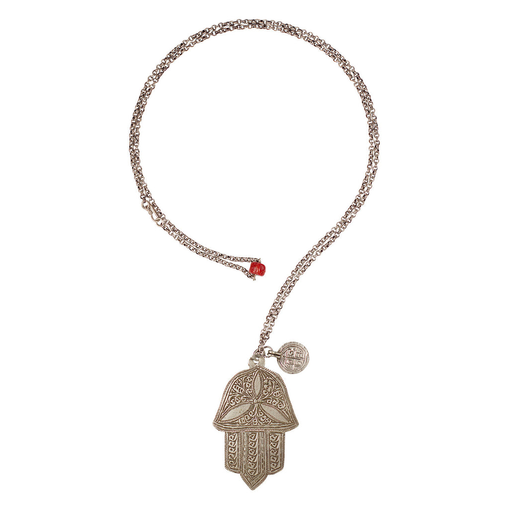 Silver Hamsa, Protective Amulet and Coral Bead